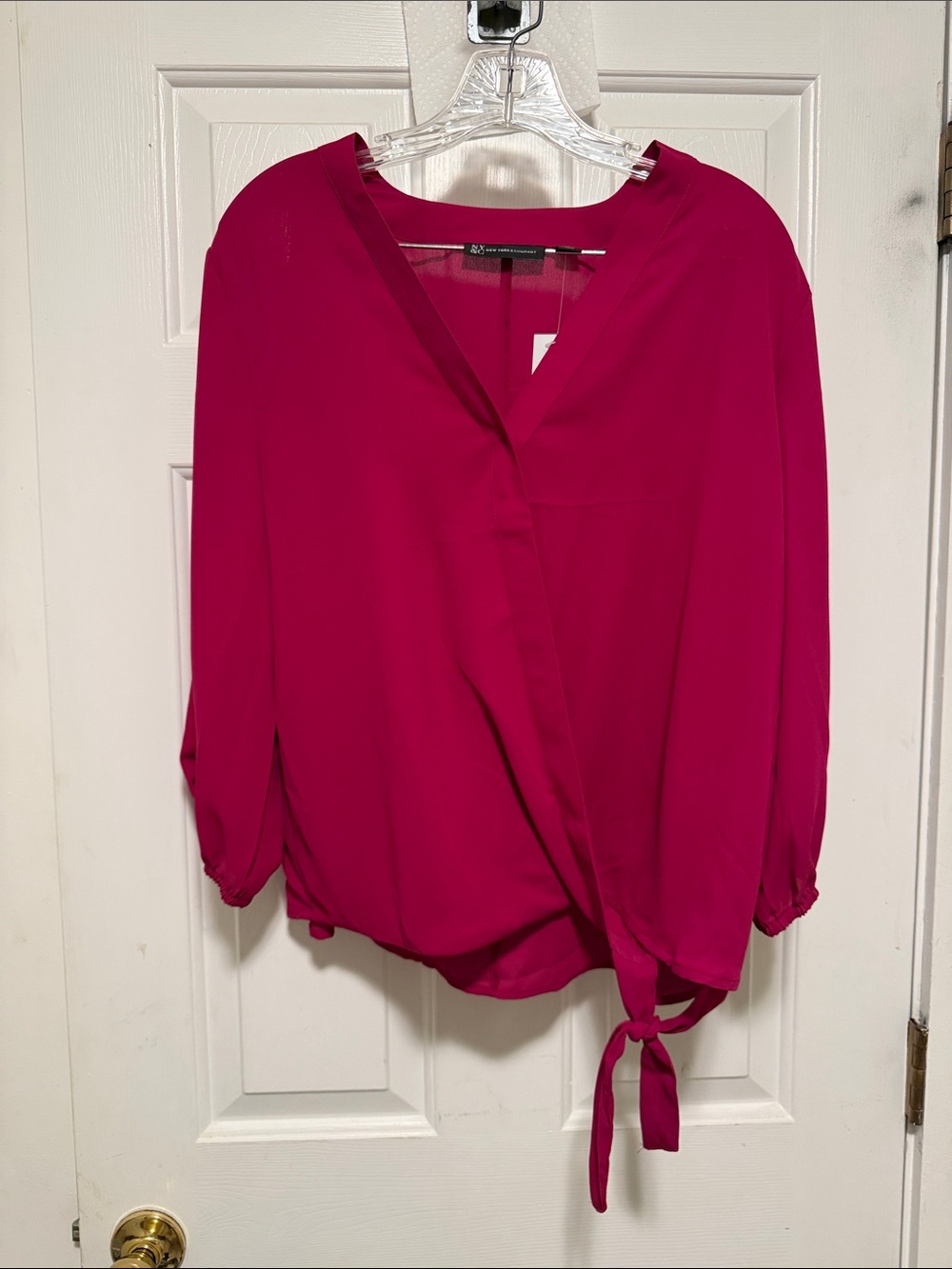 New York & Company Fuchsia Wrap Tie Blouse